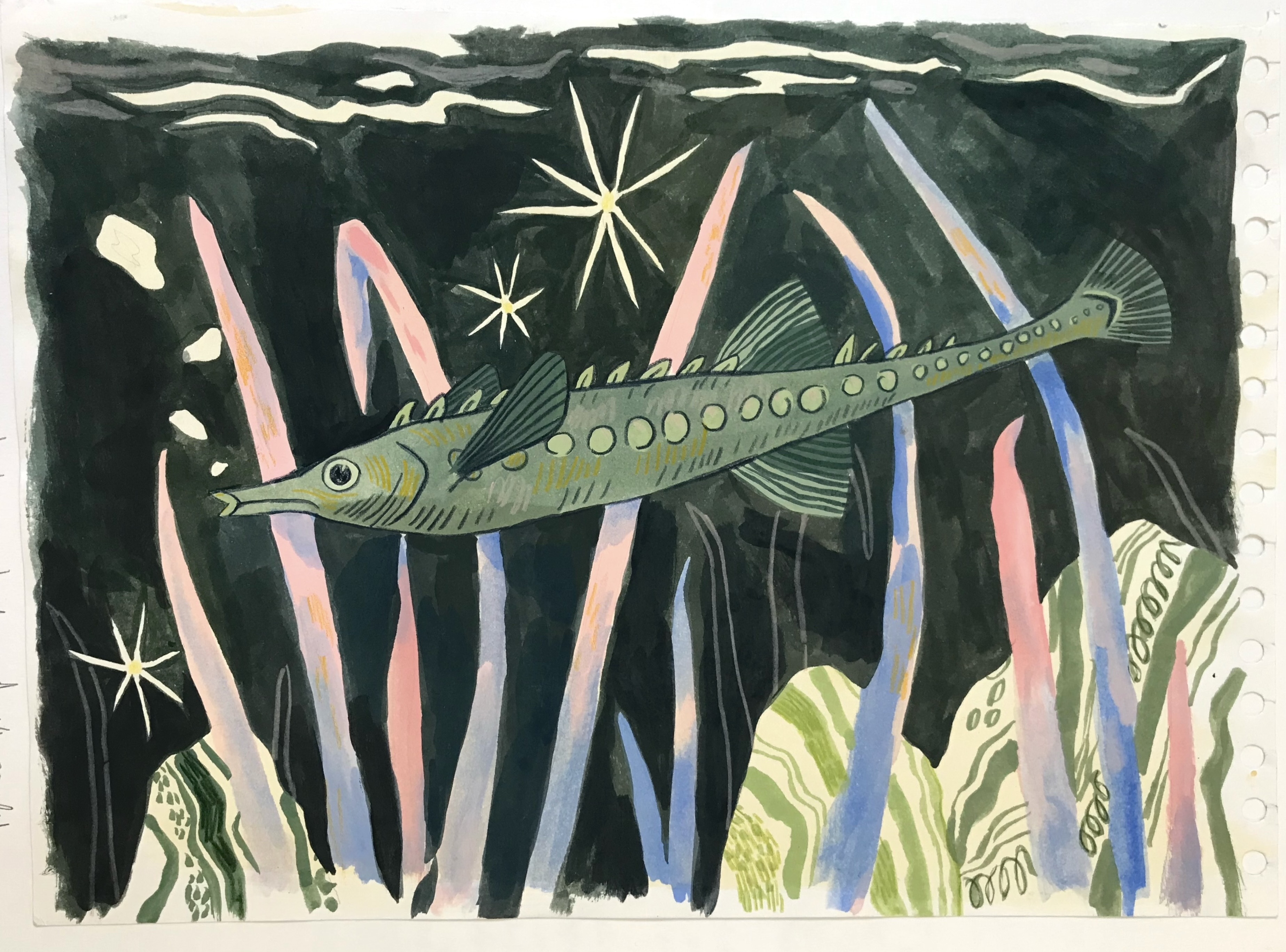 Illustration of a green fish underwater swimming through pink and blue coral.