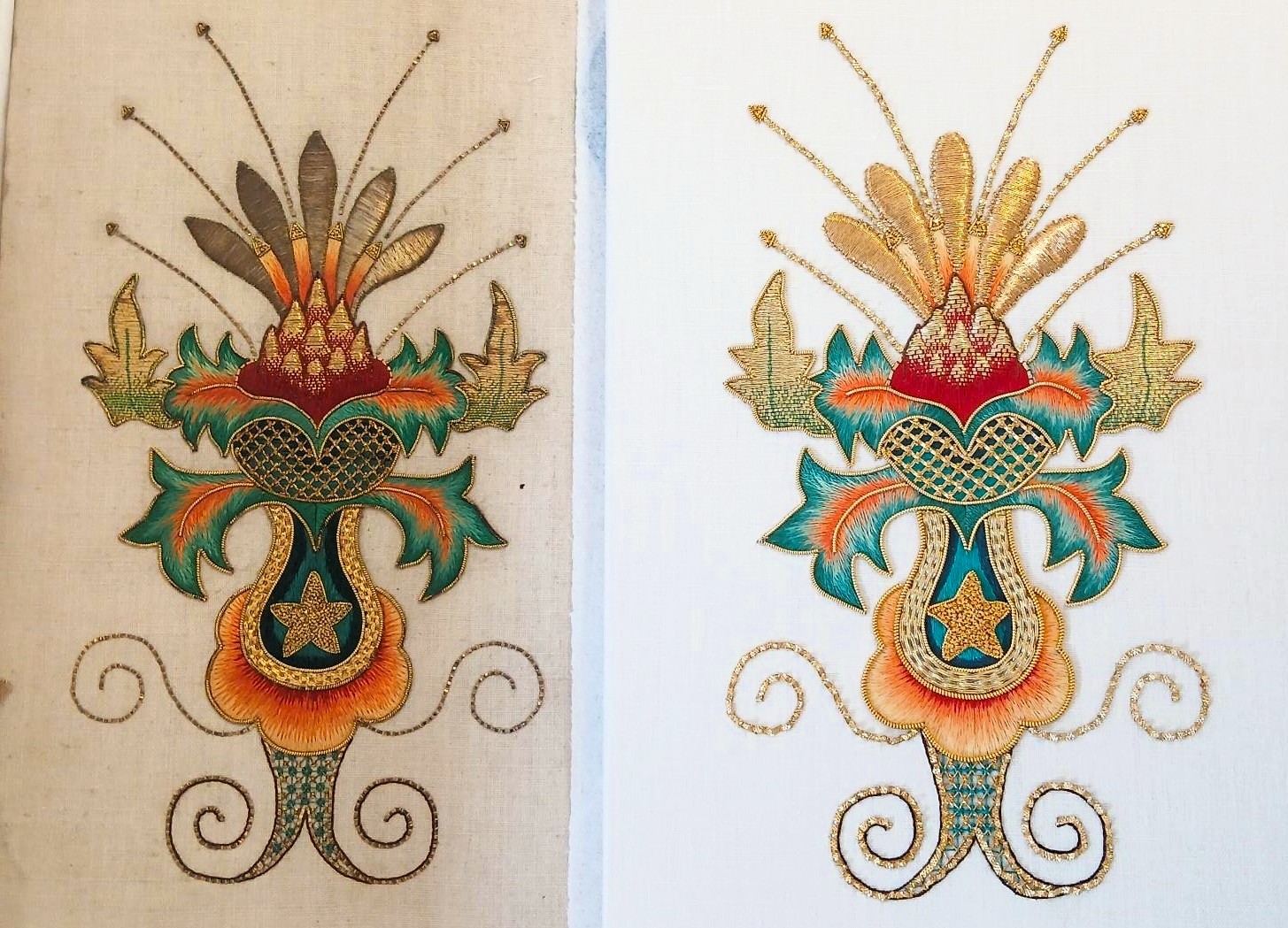 An ornate multicoloured embroidery motif with gold, teal and orange floral shapes shown on two fabric backgrounds.