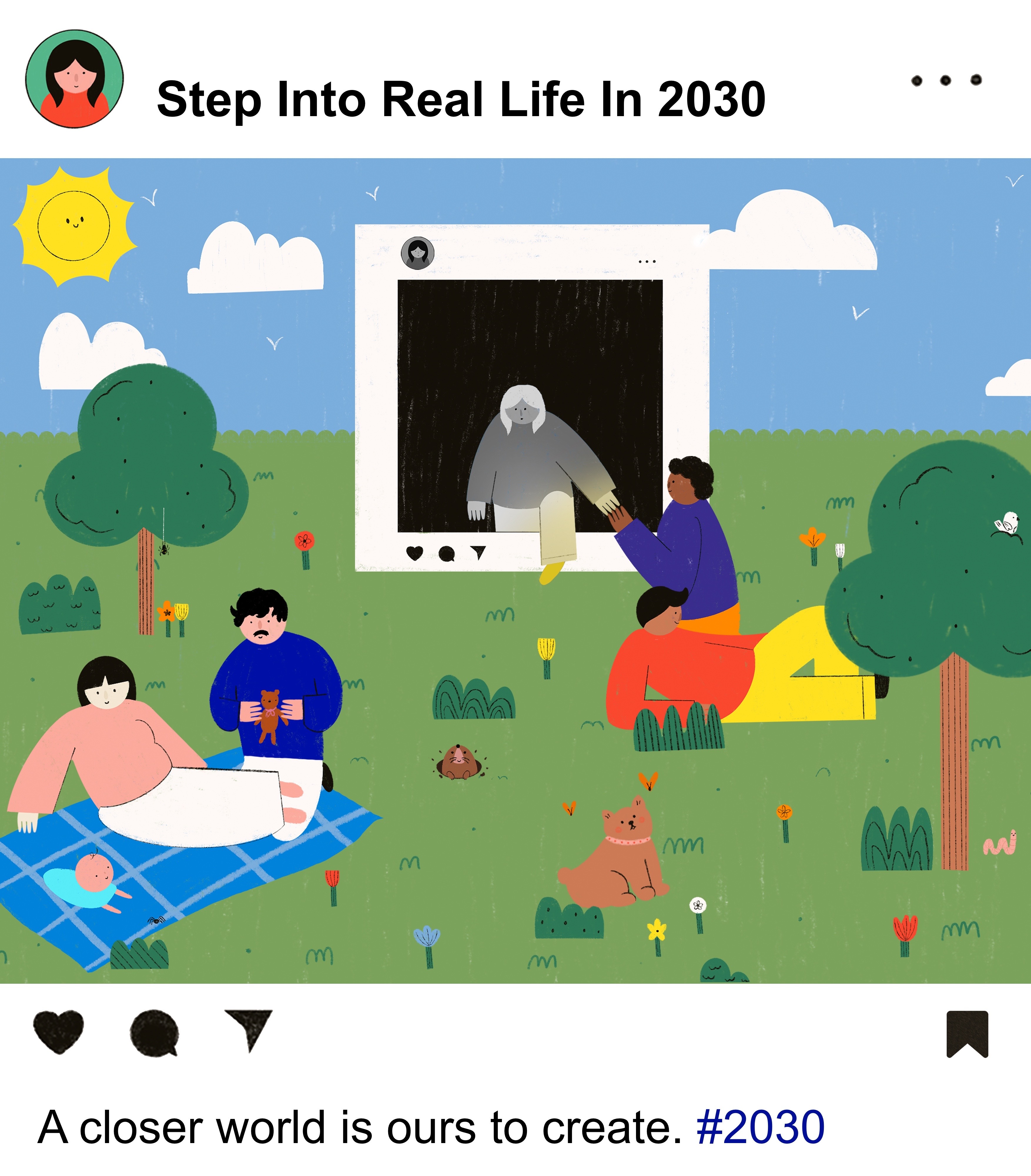 Instagram-style poster with a large illustration of people having a picnic in a park. A black-and-white Instagram-style image in the centre with a person stepping out into the colour.
