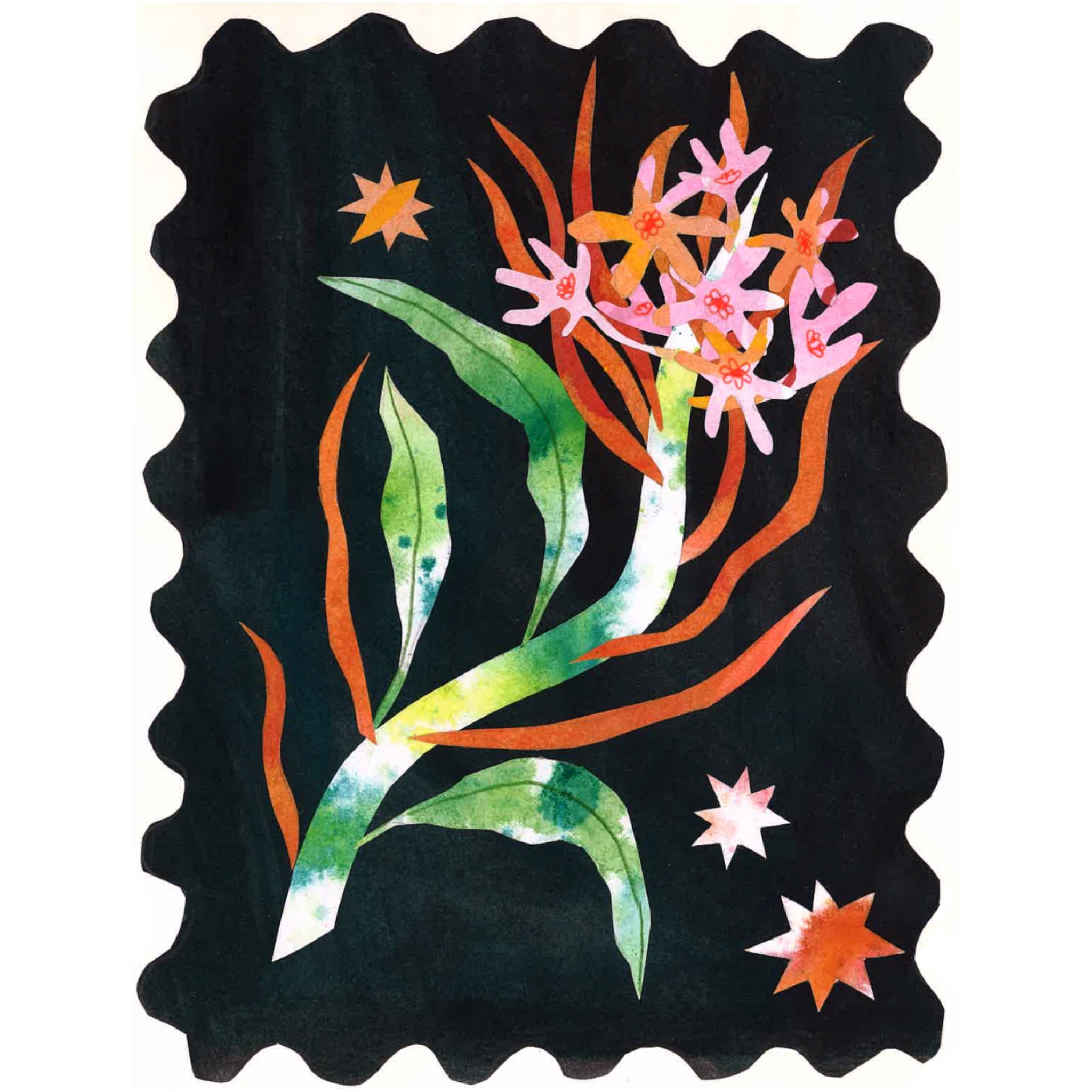 Colourful illustration of flowers on a dark stamp-shaped background.