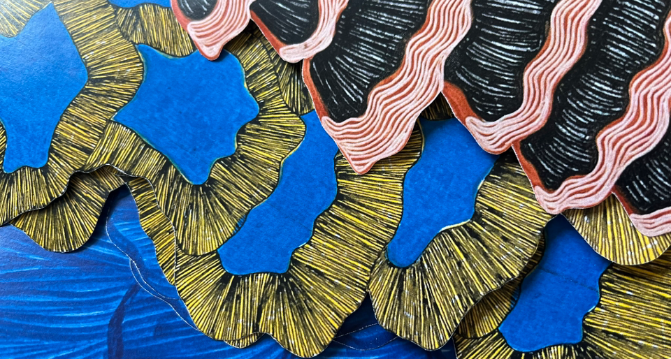Abstract illustration with bright blue irregular shapes surrounded by radiating yellow-green lines, wavy pink and black striped patterns.