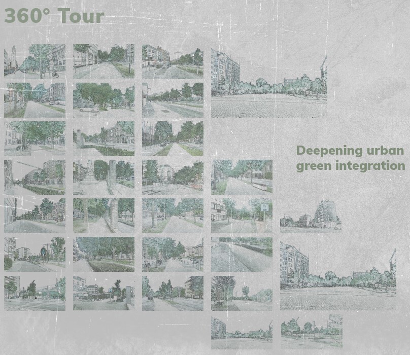 Grid of urban landscape sketches in green and grey tones showing buildings, trees, and streets with "360° Tour" and "Deepening urban green integration" text.