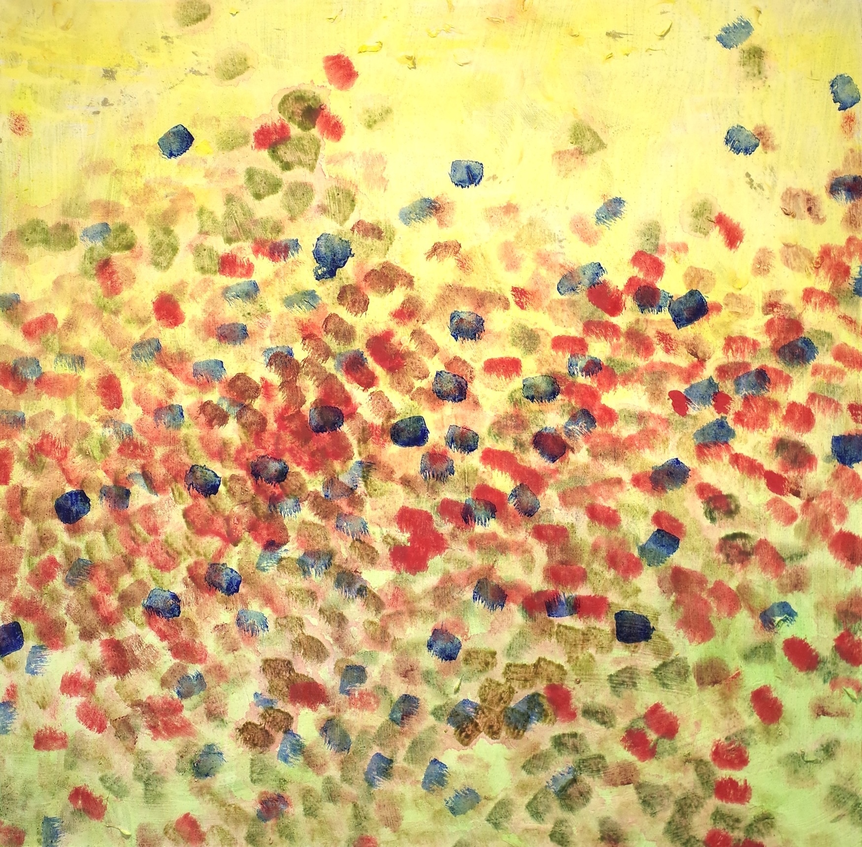 Abstract painting with scattered circular dots in red, blue, and brown against yellow-green background, denser concentration at bottom.