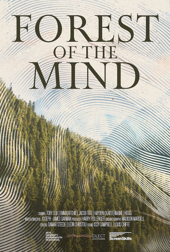 Film poster with large serif title "FOREST OF THE MIND" over green forest imagery overlaid with swirling cream and blue lines.