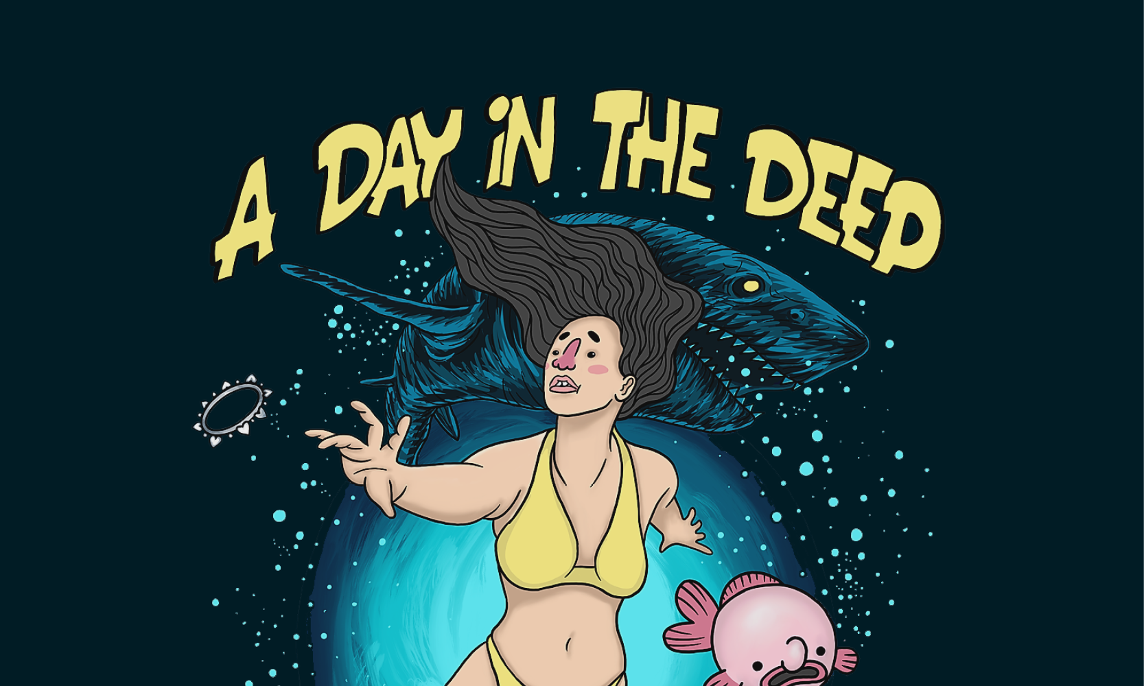 Illustration of a woman in a bikini reaching forward with a pink fish to her right. A shark is shown behind them. The text "A day in the deep" appears above the illustration.