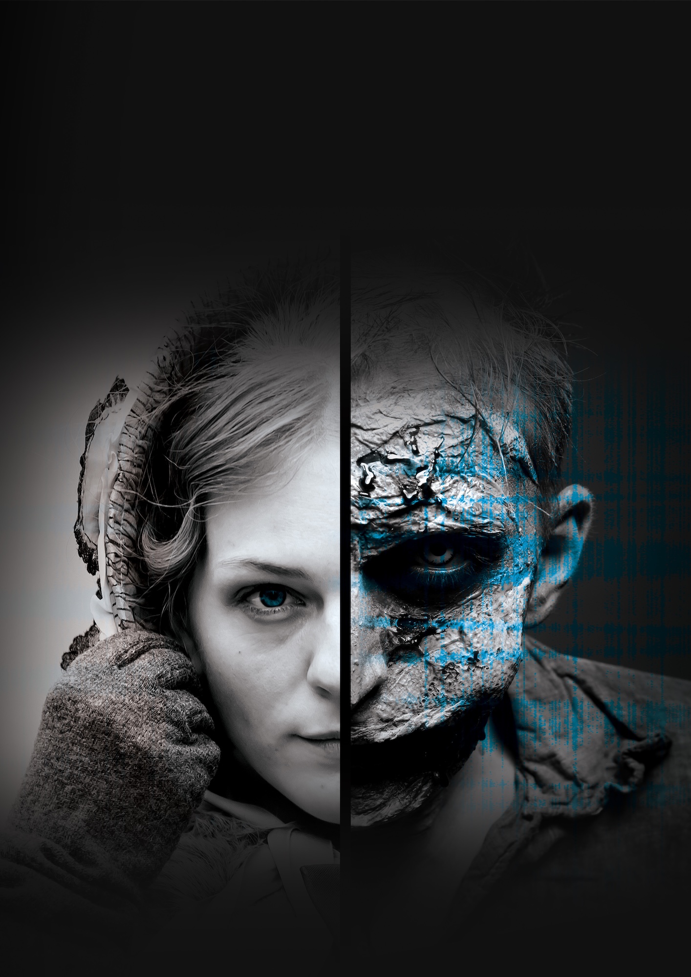 A split portrait shows a young woman on the left and a damaged, blue-tinted face on the right, against a dark background.