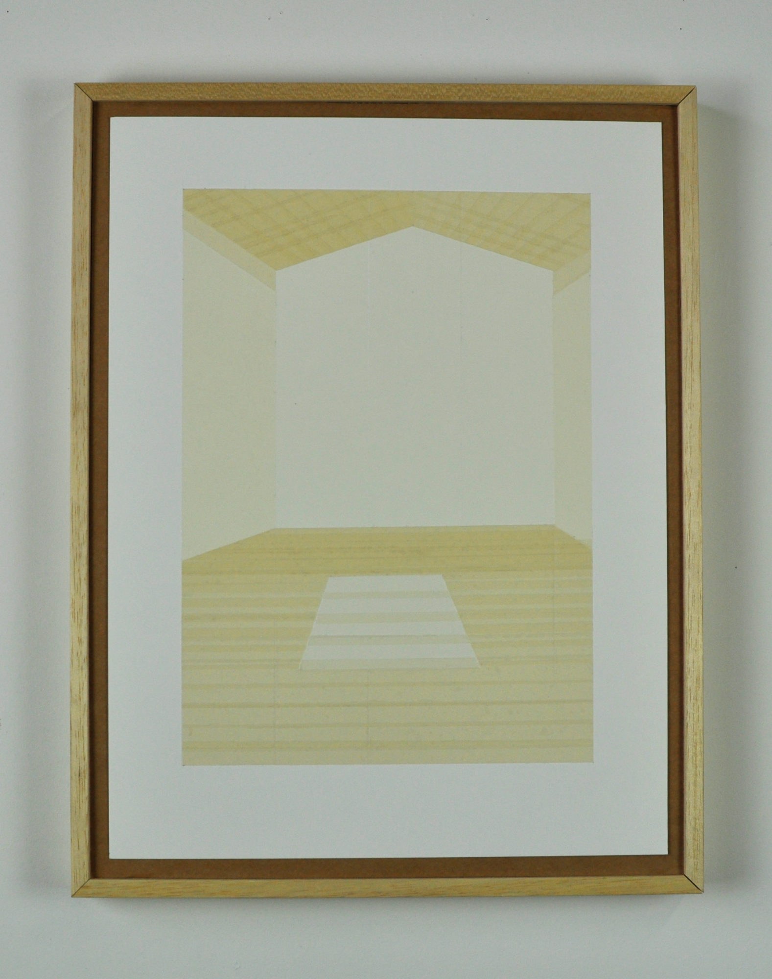 A painting of an empty attic space, in a frame on a gallery wall.