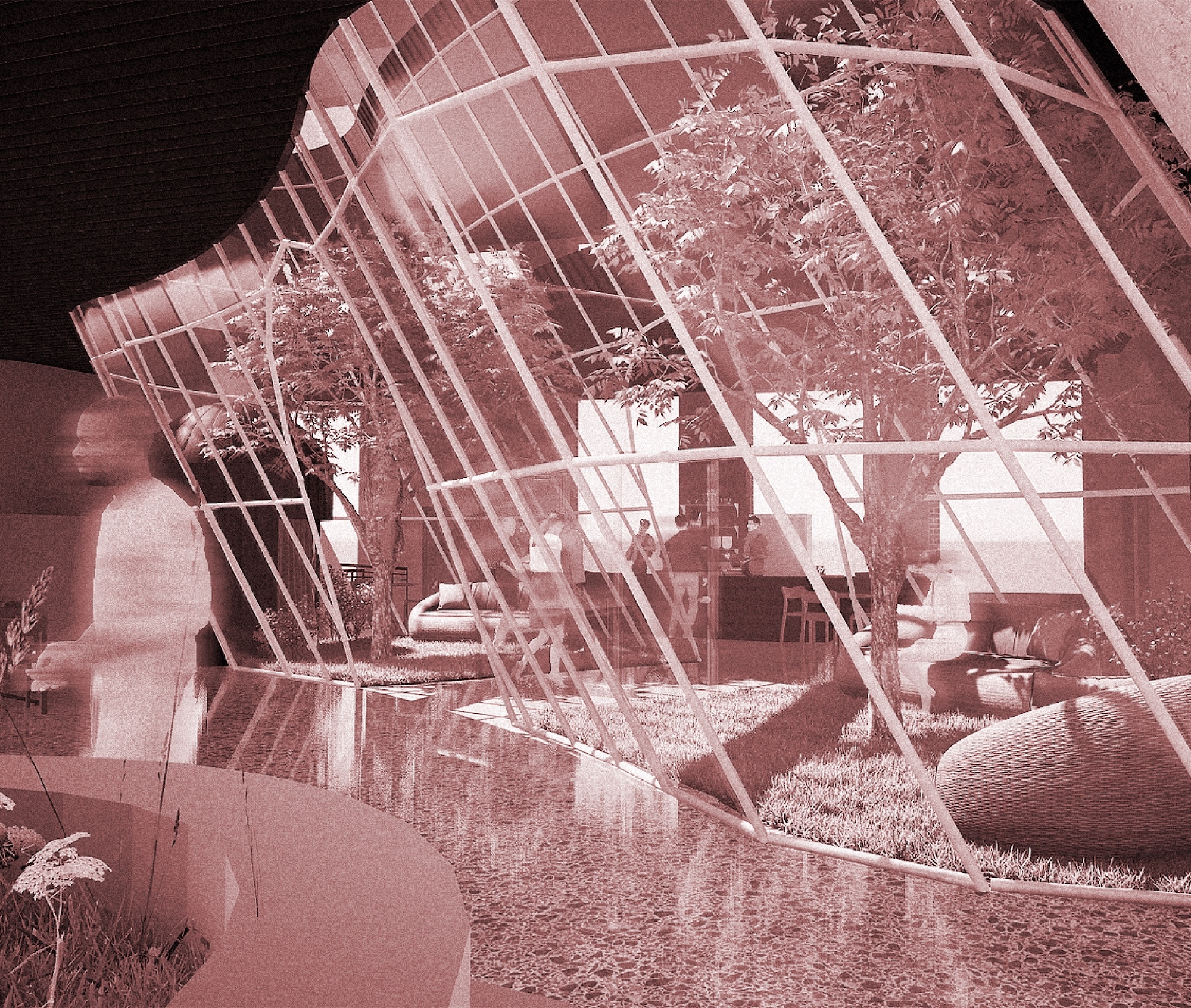 Person standing beside angular glass greenhouse structure with geometric metal framework in reddish-pink tinted exposure.
