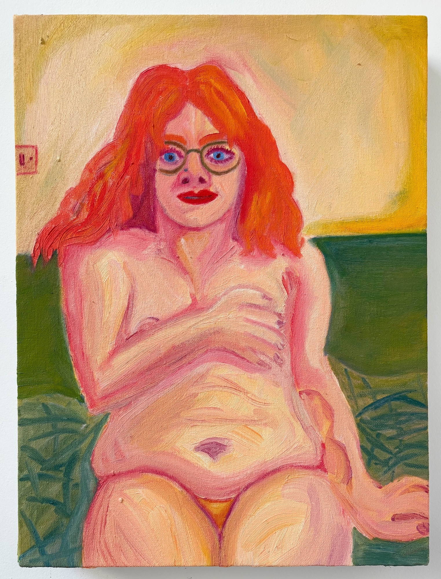 Oil painting of nude figure with red-orange hair, round glasses, and red lips against yellow-green background. Pink and peach flesh tones throughout.