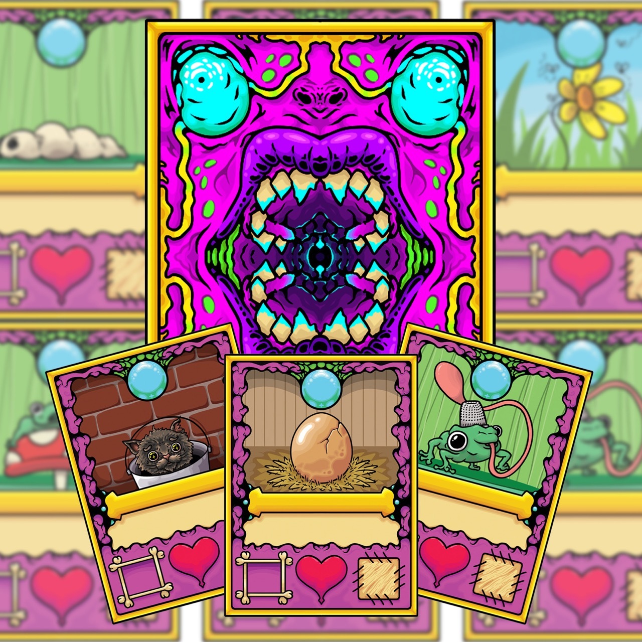 Colourful playing cards, each with a different object or pattern and pink love hearts.