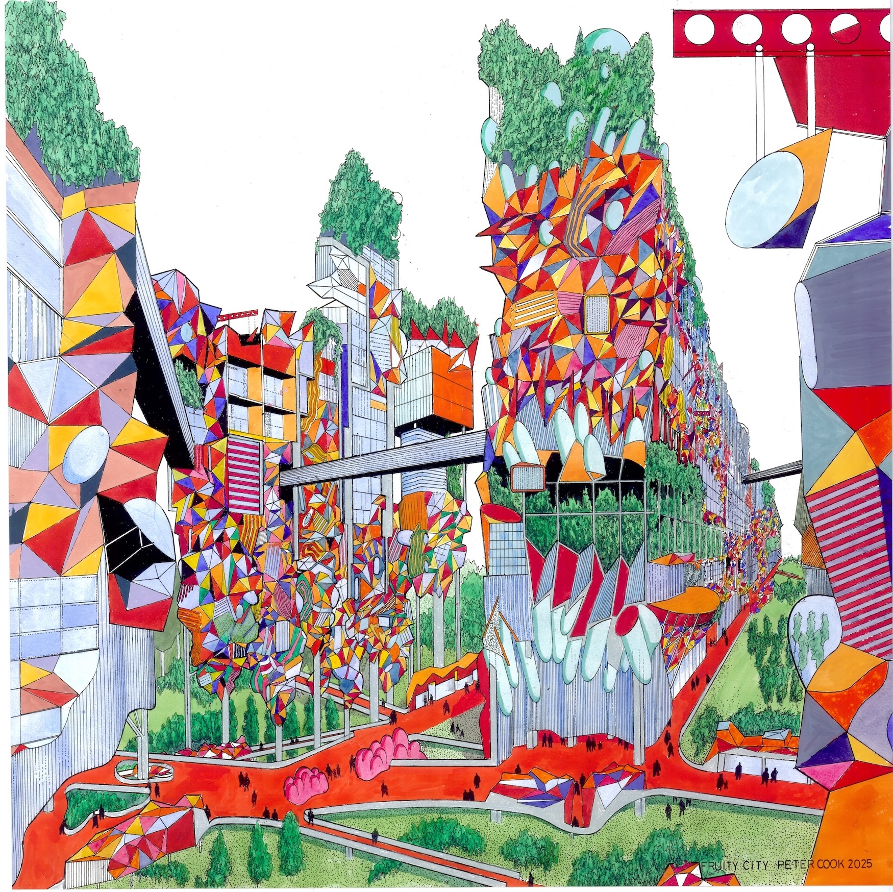 Colourful illustration showing geometric buildings with triangular patterns in red, orange, and purple. Green trees scattered throughout white background with architectural structures.