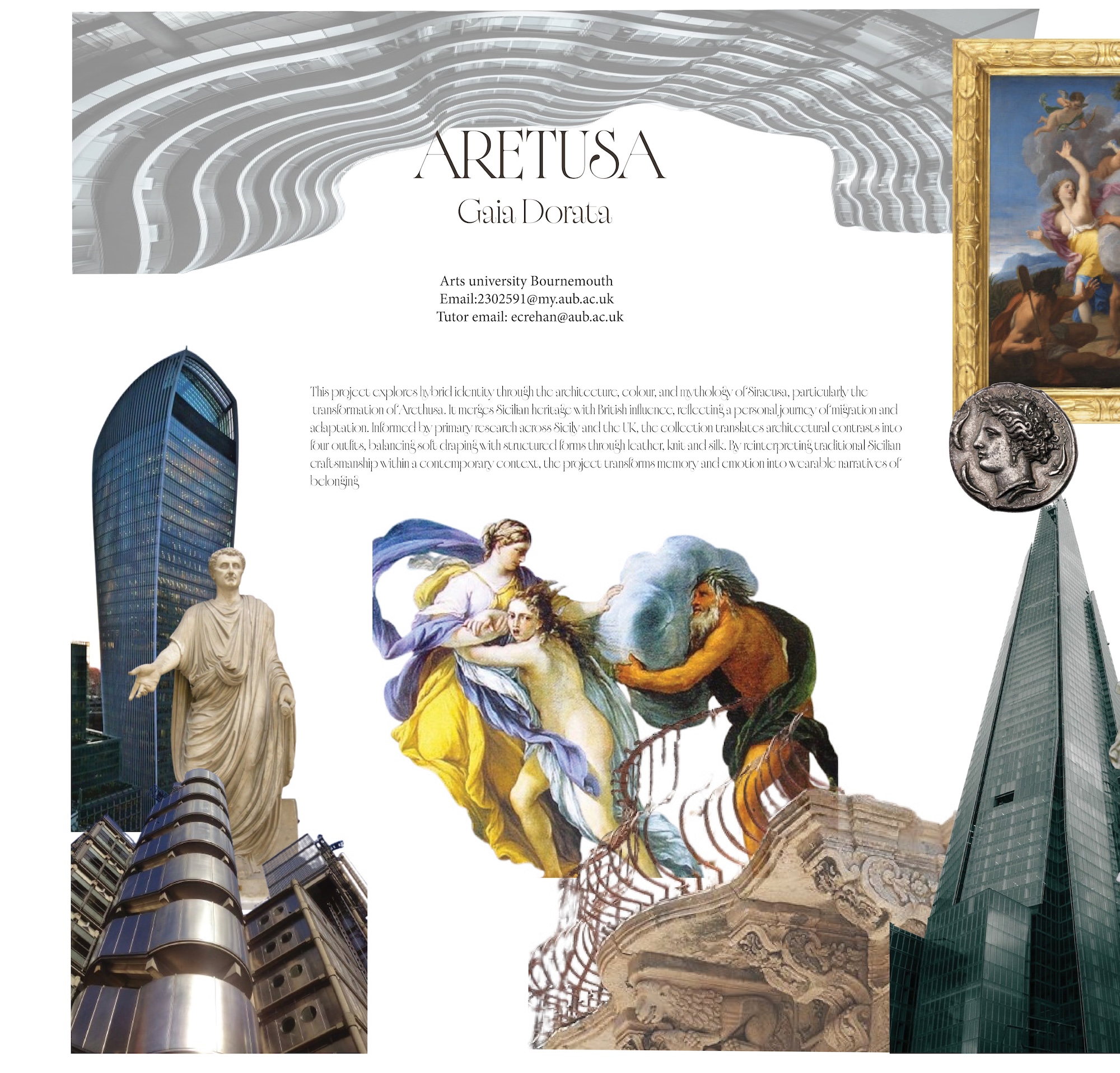 A collage-style poster titled 'ARETUSA' with 'Cai Donato' beneath it, combining classical sculpture, paintings and modern skyscrapers on a white background.