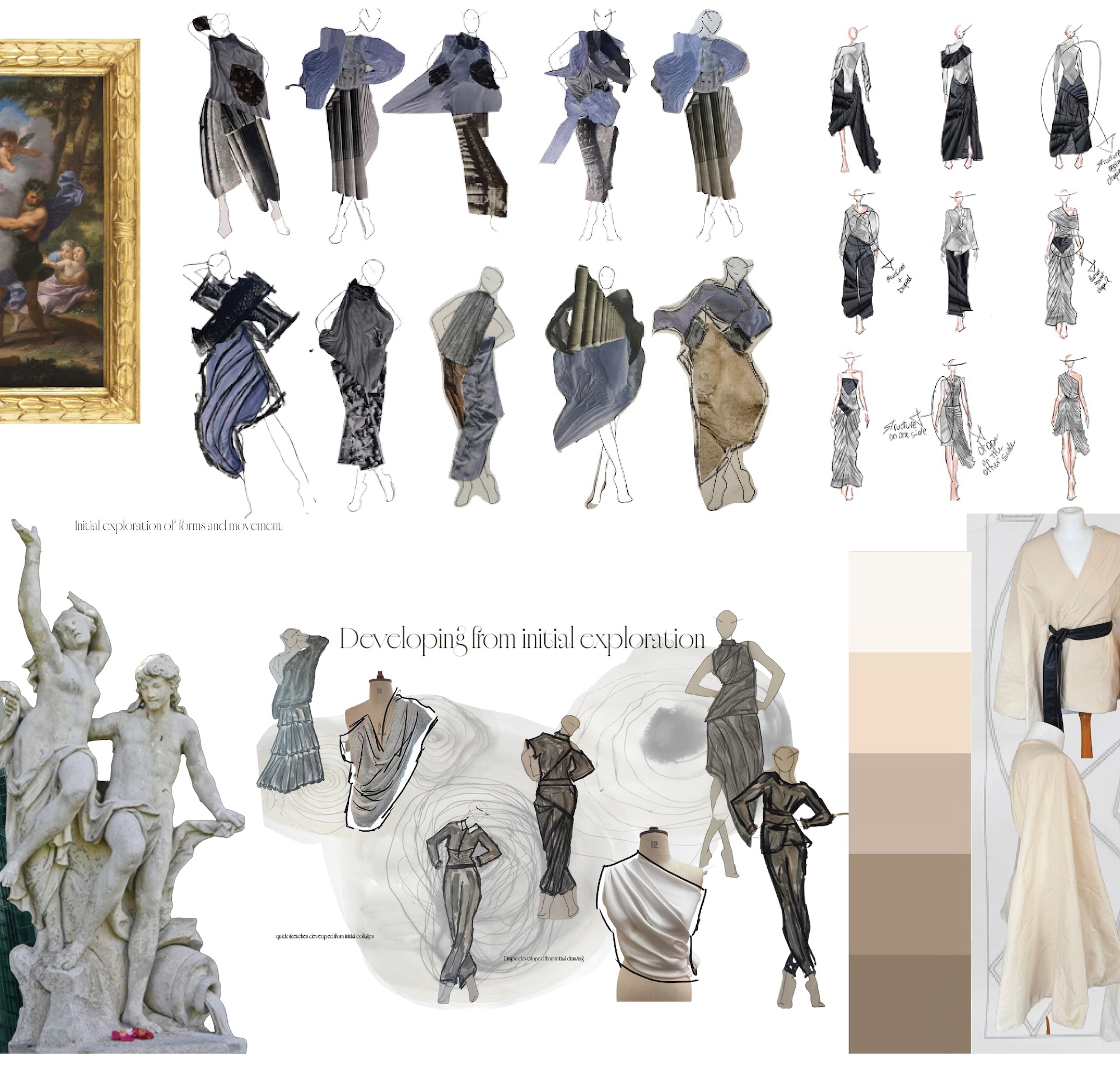 A fashion design mood board with hand-drawn dress sketches, fabric swatches and layered garment studies arranged around a colour palette, with classical sculpture images at the left and bottom.