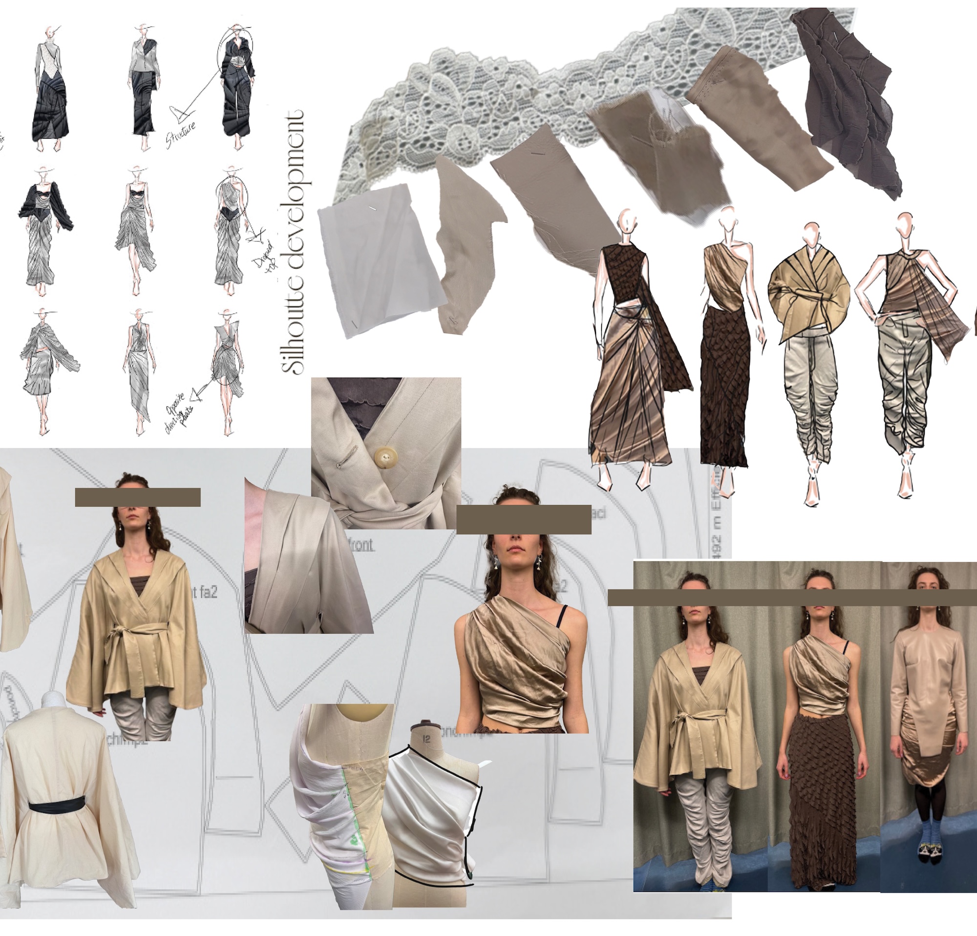 A fashion design mood board showing sketch illustrations and fabric swatches for draped garments in beige, grey and brown, with several model images and outfit concept drawings.