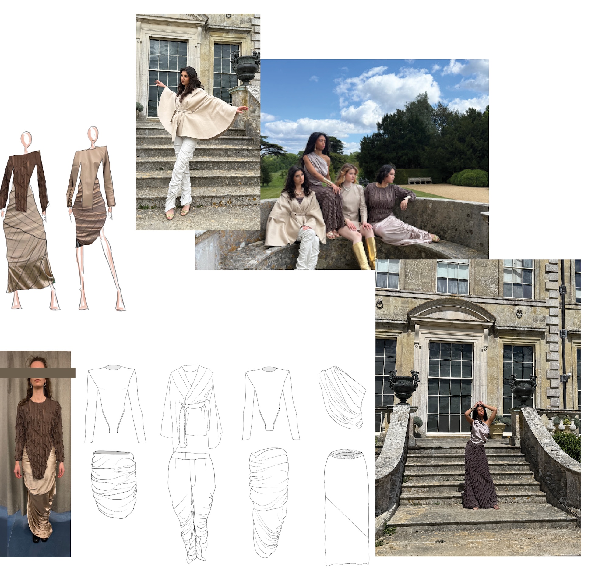 A fashion mood board showing sketches and photos of women modelling beige and brown outfits on stone steps, with a large building and blue sky in the background.