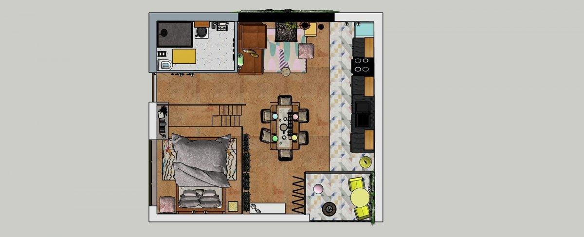 Aerial view of a computer render of an interior space