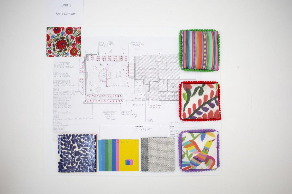 A plan for an interior space with swatches of different fabrics
