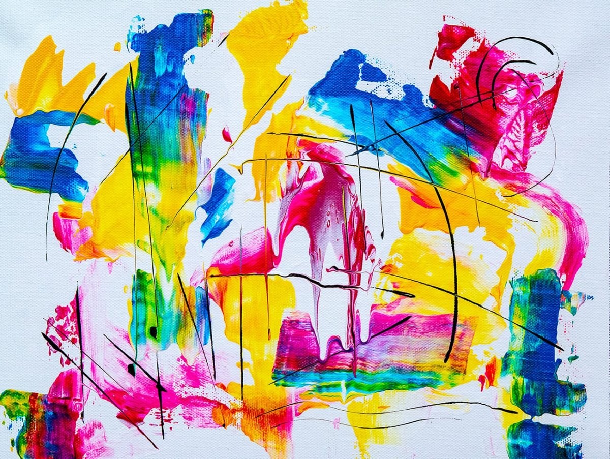 An abstract acrylic painting made up of thick colourful strokes and thin black lines.