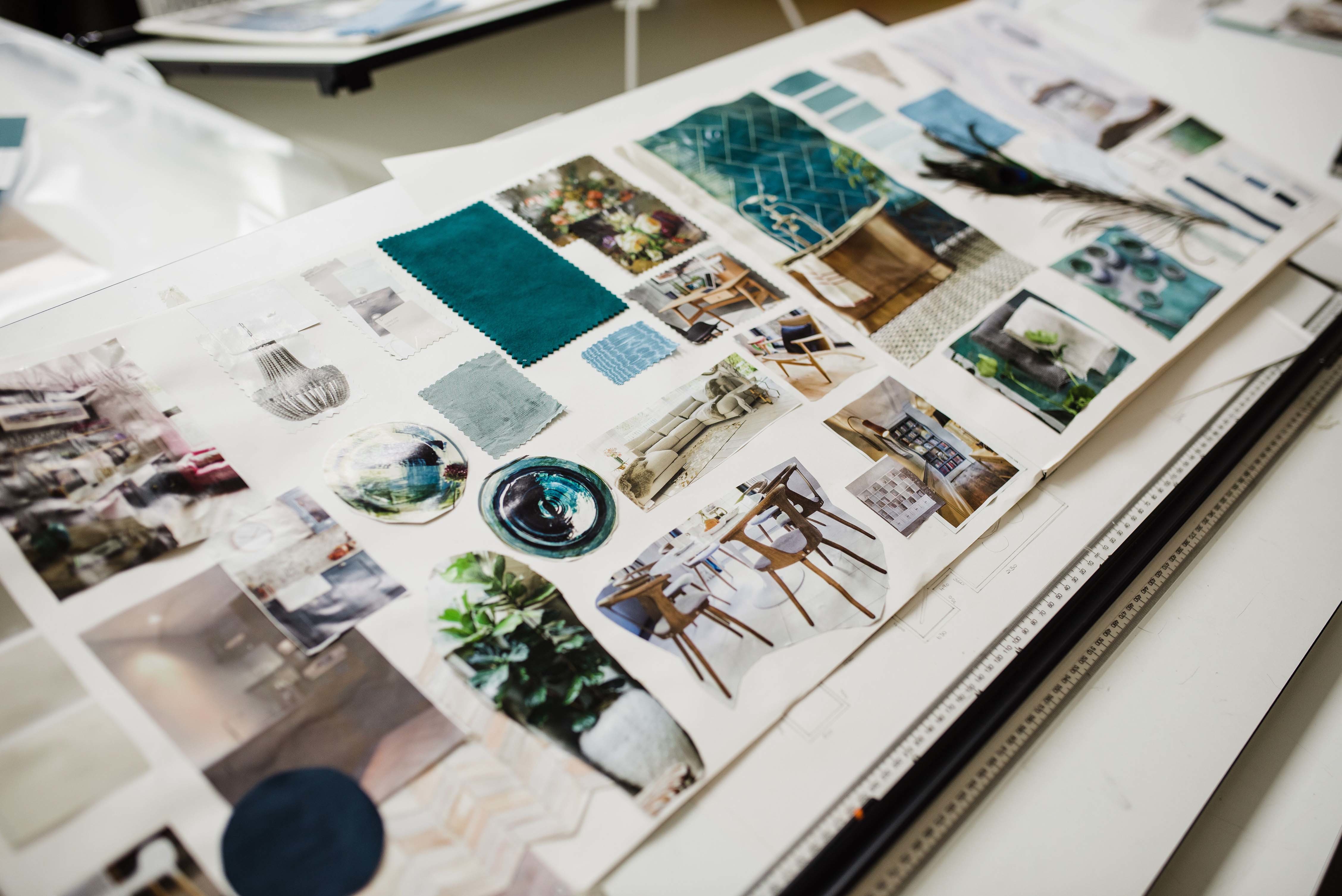 Moodboard of different paint colours and fabric swatches