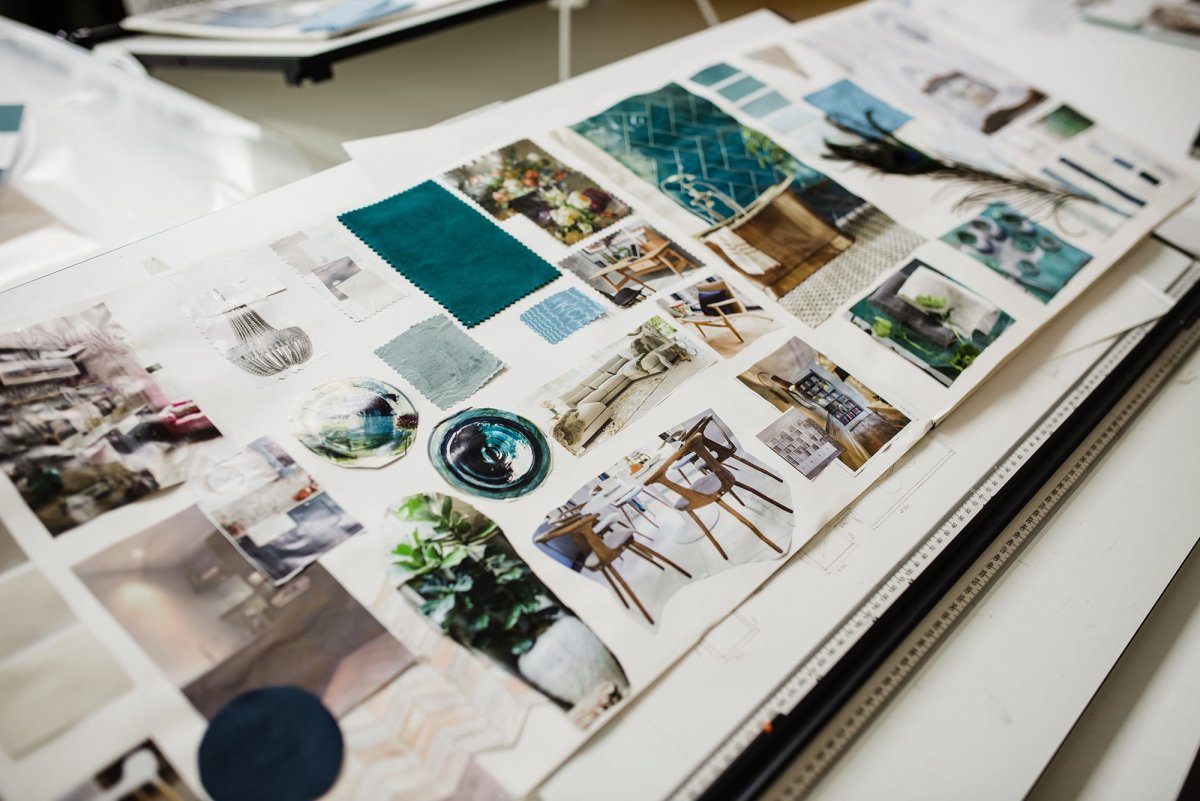 Moodboard of various materials and pieces of furniture