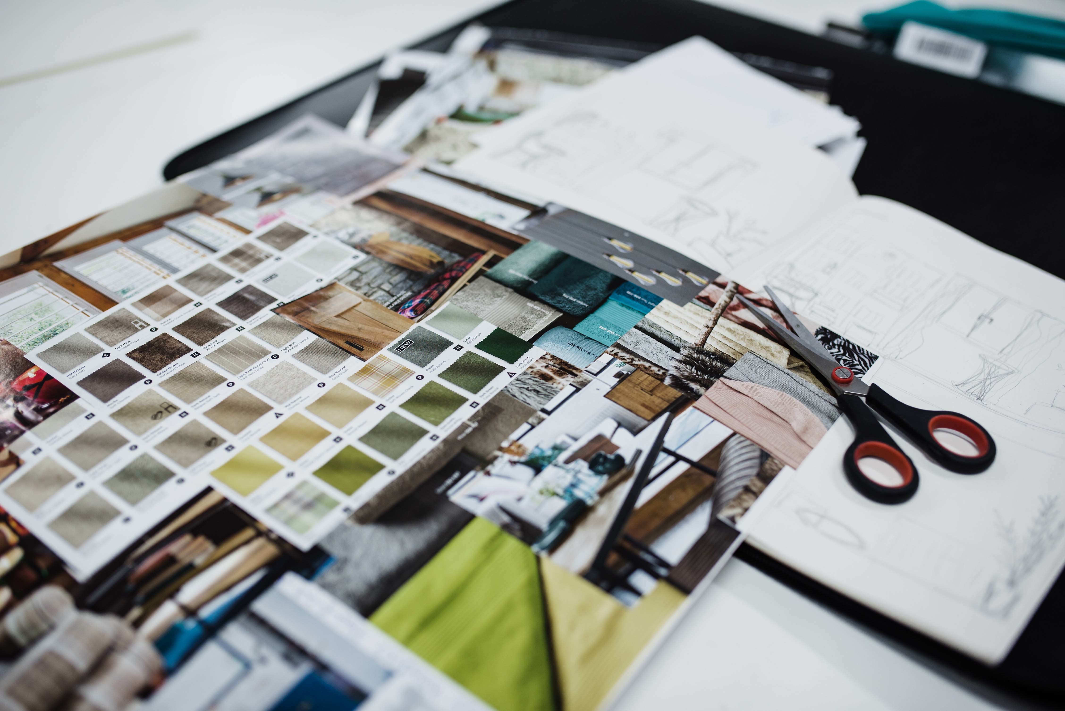 Moodboard of different paint colours and fabric swatches