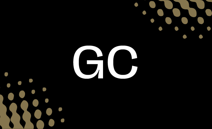 Black tile with gold pixellated accents and the initials "GC" in the centre.