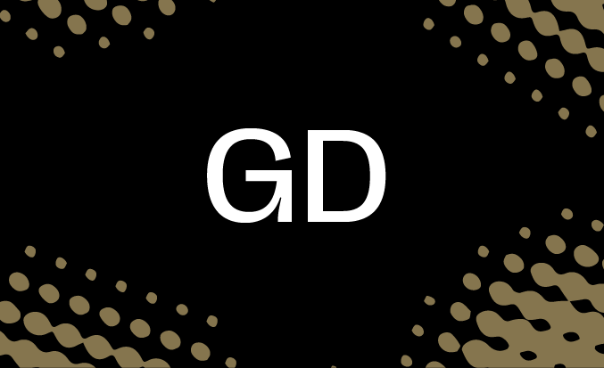 Black and gold banner with the white text "GD" in the centre.