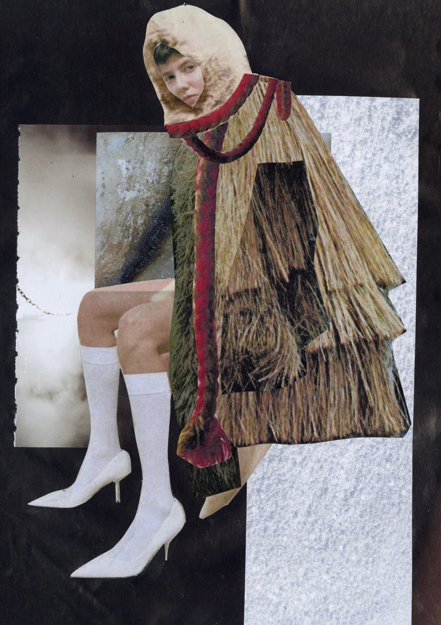 A fashion collage featuring a seated woman wearing a unique outfit made of layered textures, including a fringed cape with a red accent. She has on white knee-high socks and white high-heeled shoes. The background contains various abstract geometric shapes and textures.