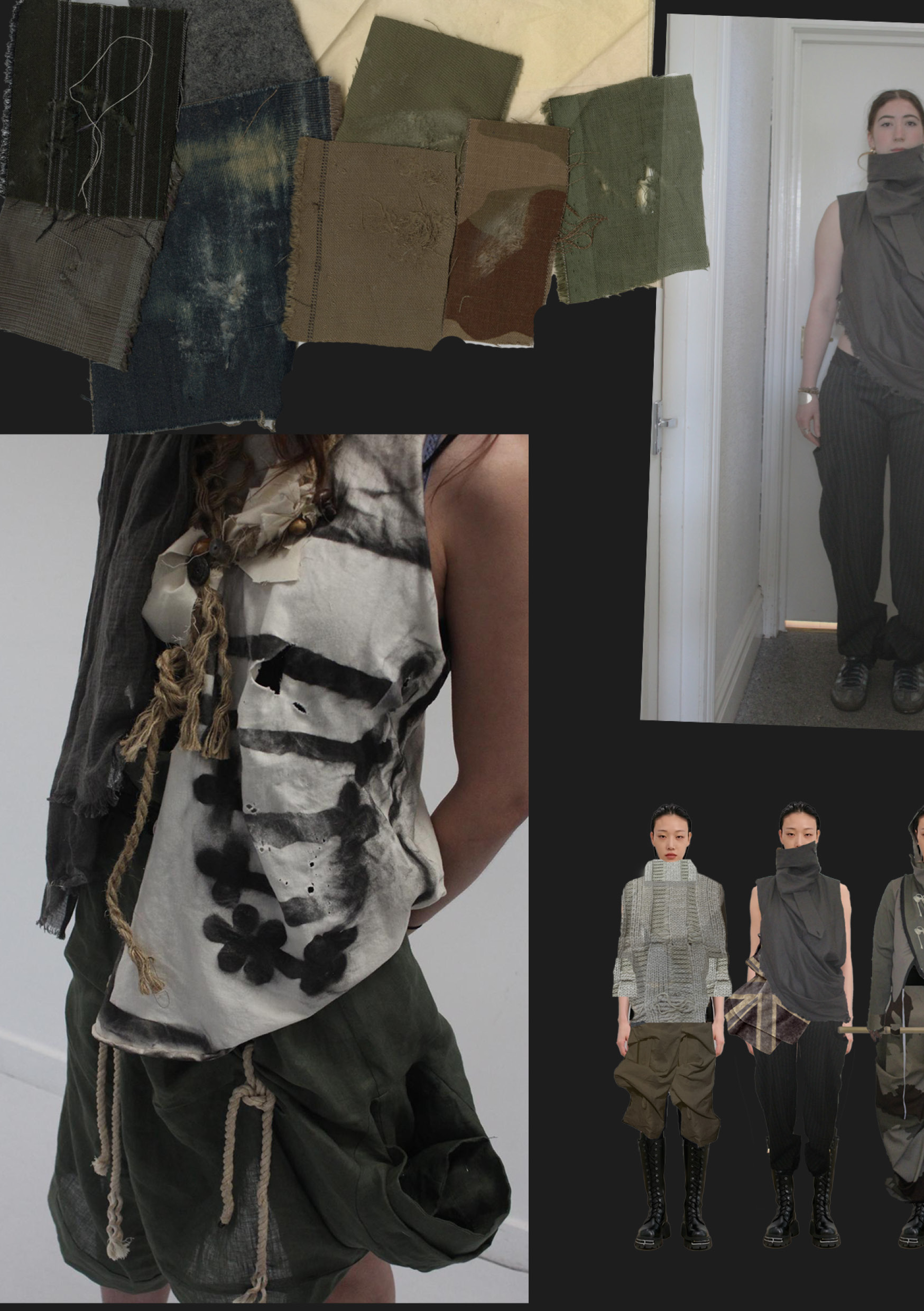 A collage featuring various fashion designs. The top left includes fabric swatches in muted colours. Below, a model displays a top with a graphic print, paired with loose pants. The right side shows models wearing similar styles in dark tones.