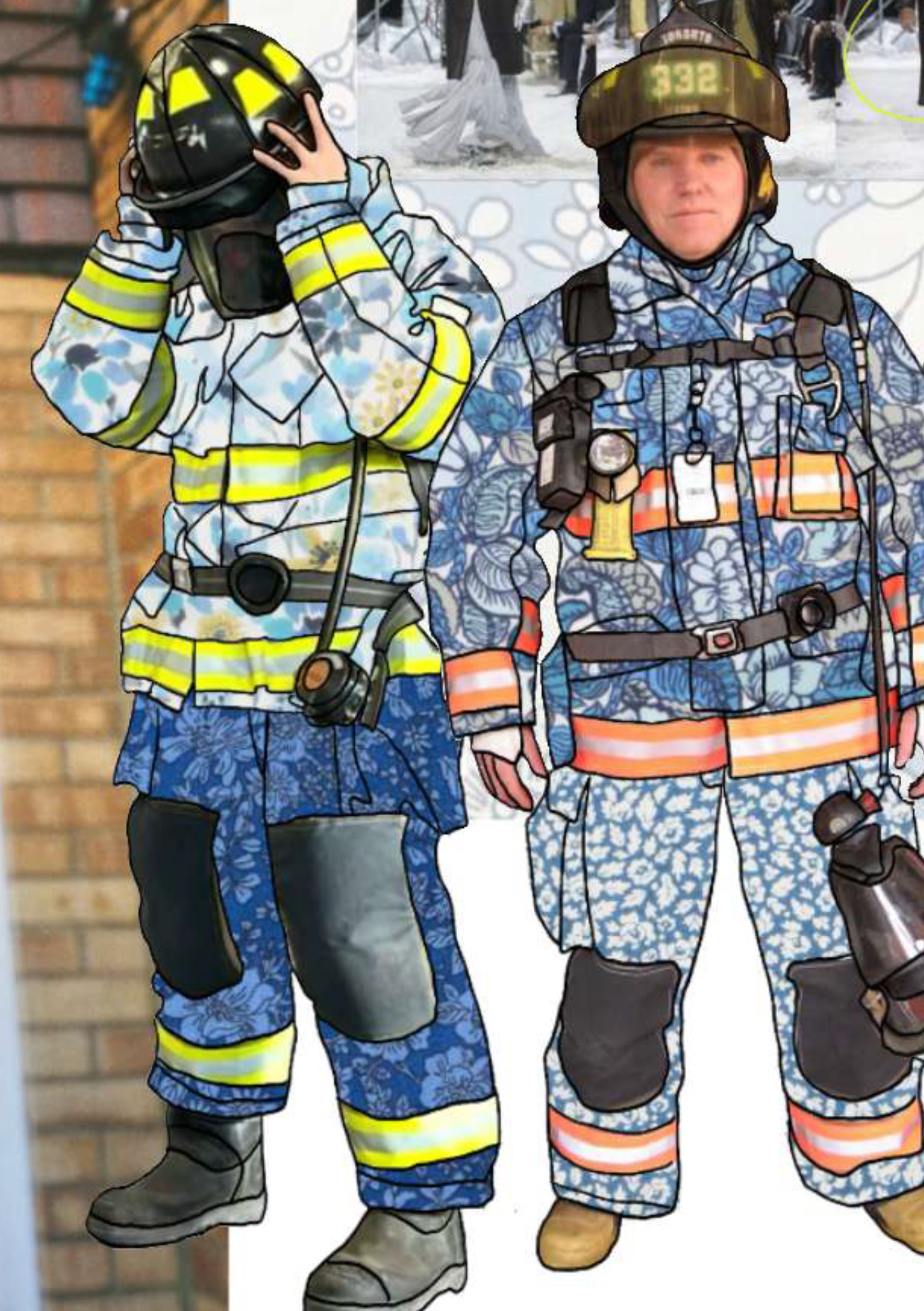 A digital illustration showing two firefighters in unique uniforms. The left figure adjusts a helmet and wears a blue and yellow patterned suit, while the right wears a blue uniform with orange stripes, equipped with various tools. The background displays a winter scene.