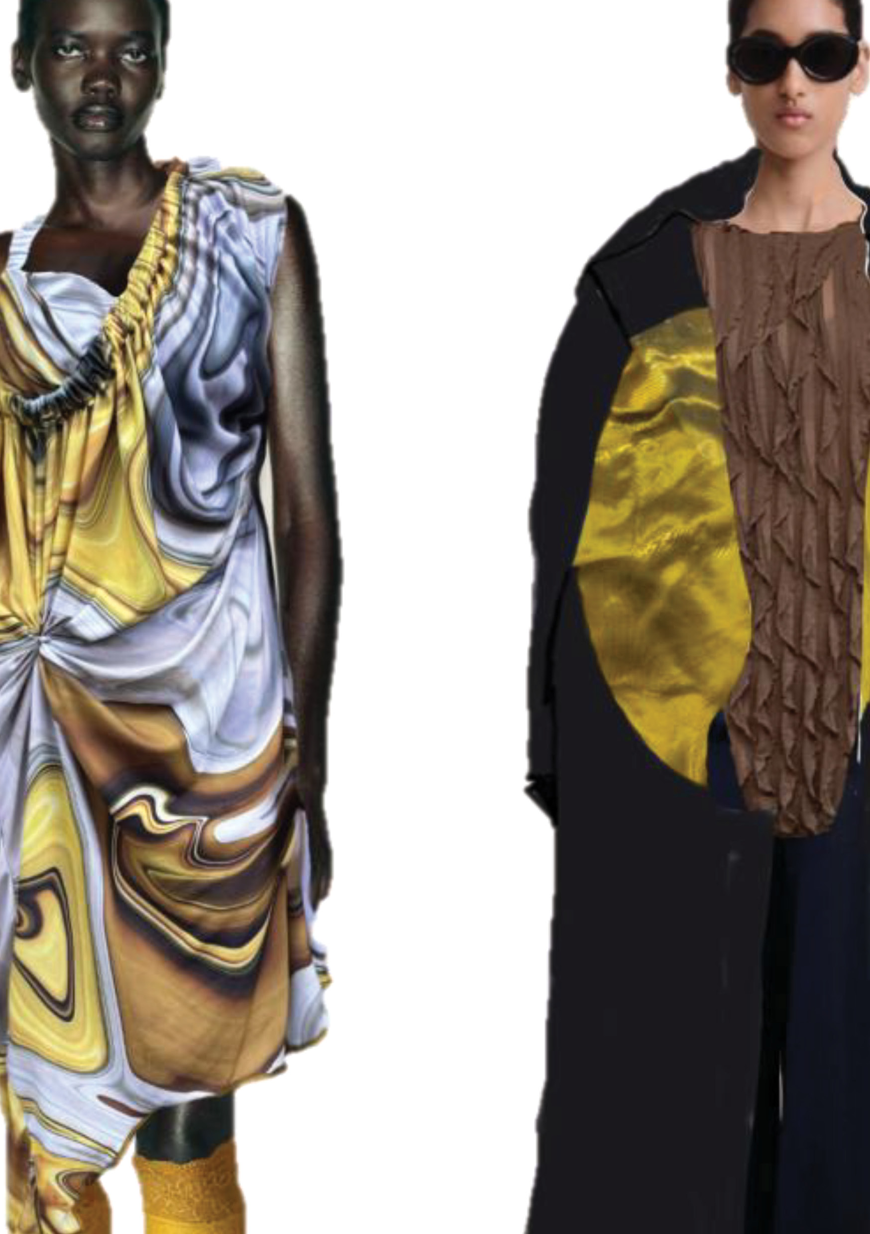A model on the left wears a flowing dress with abstract yellow and purple patterns, paired with knee-length yellow socks. On the right, another model dons a brown textured top and a long black coat, complemented by sunglasses.