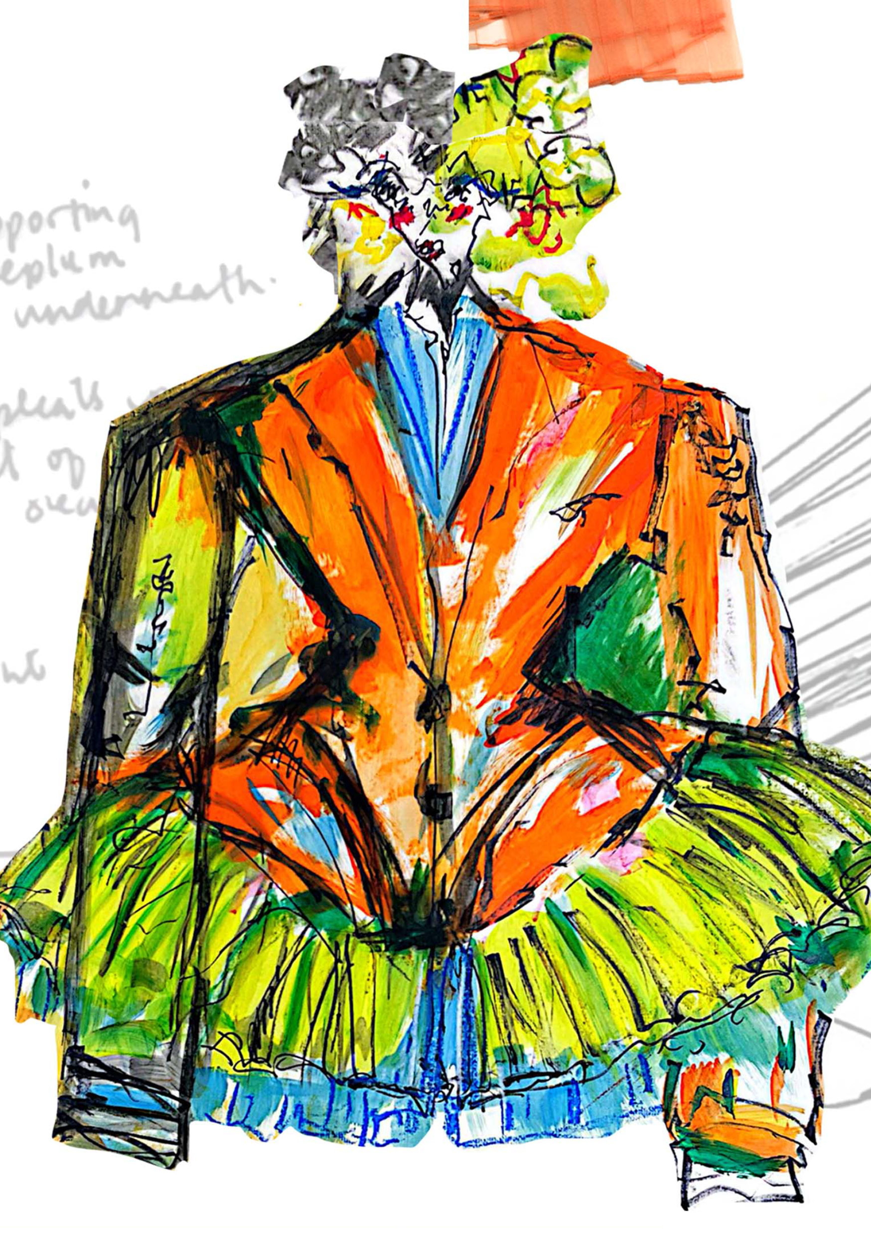 A vibrant fashion illustration depicting a stylised suit with an orange jacket and a voluminous green skirt. The figure is adorned with a mix of colourful elements, including a floral headpiece, set against a white background with faint sketch notes.