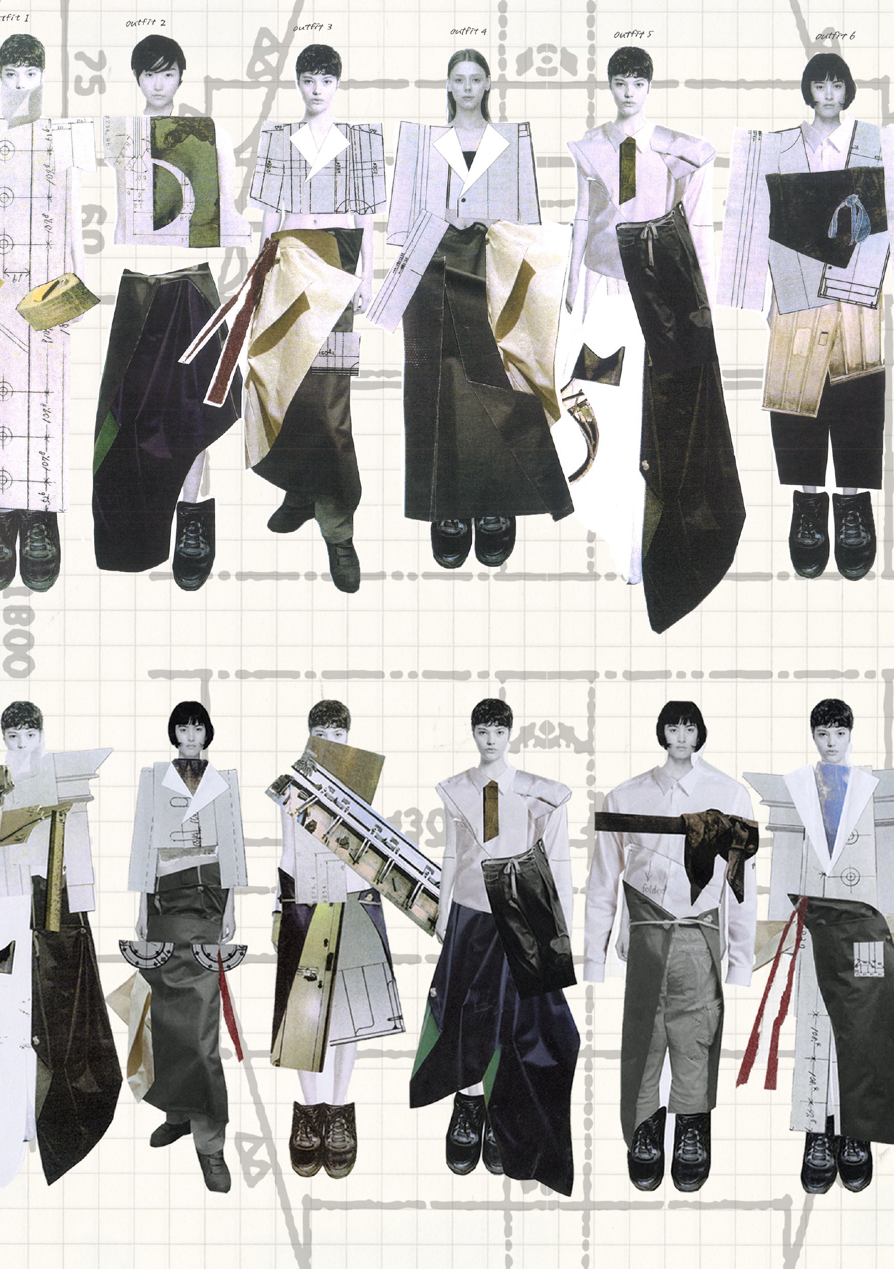 A collage of fashion designs featuring various outfits on model figures. The garments include layered skirts, tailored blouses, and accessories, arranged against a light grid background with measurement lines.