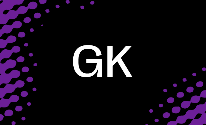 Black and purple banner with the white text "GK" in the centre.