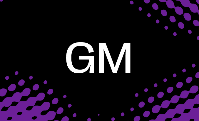 Black tile with purple pixellated accents and the initials GM in the centre.