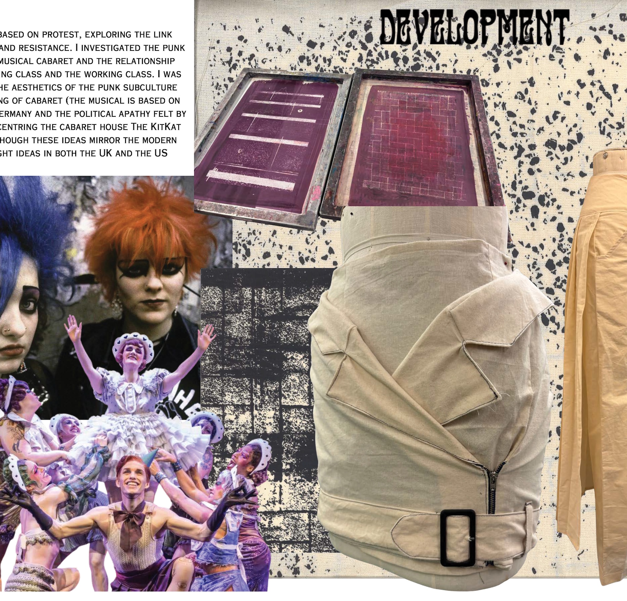 A collage artwork featuring the word "DEVELOPMENT", a sleeveless beige garment with a buckle, a purple window frame, and performers in theatrical costumes on a textured background.