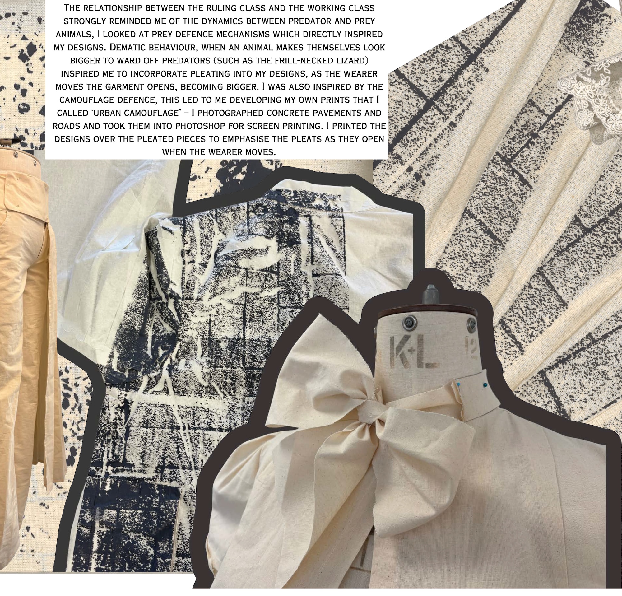 A fashion display shows a cream garment with a large bow on a mannequin, surrounded by printed fabric panels and a block of explanatory text above.