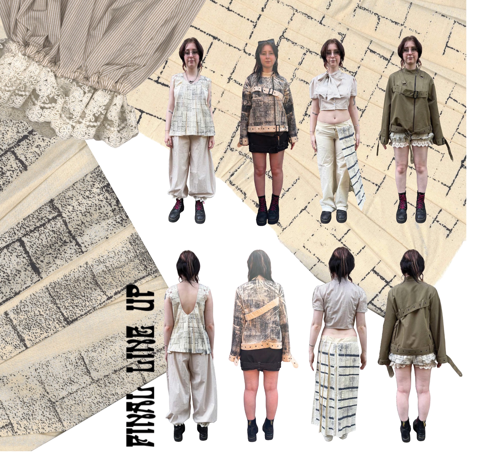 A collage of four fashion looks featuring a woman in different patterned jackets, loose trousers and skirts, arranged on cream fabric backgrounds with the vertical text 'FINAL LINE UP'.