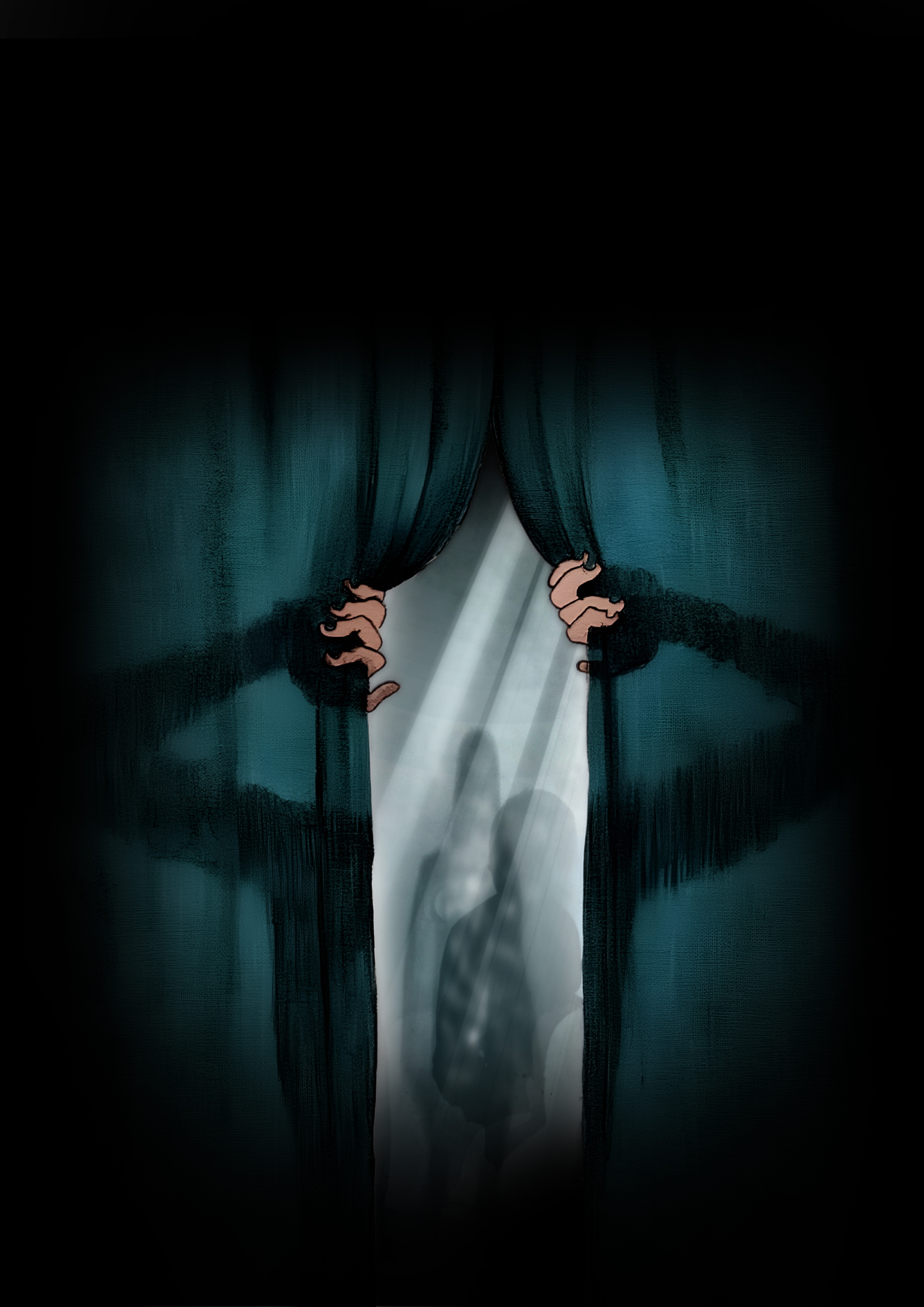Hands pulling apart dark curtains revealing bright white light, with teal-blue background and black upper portion.