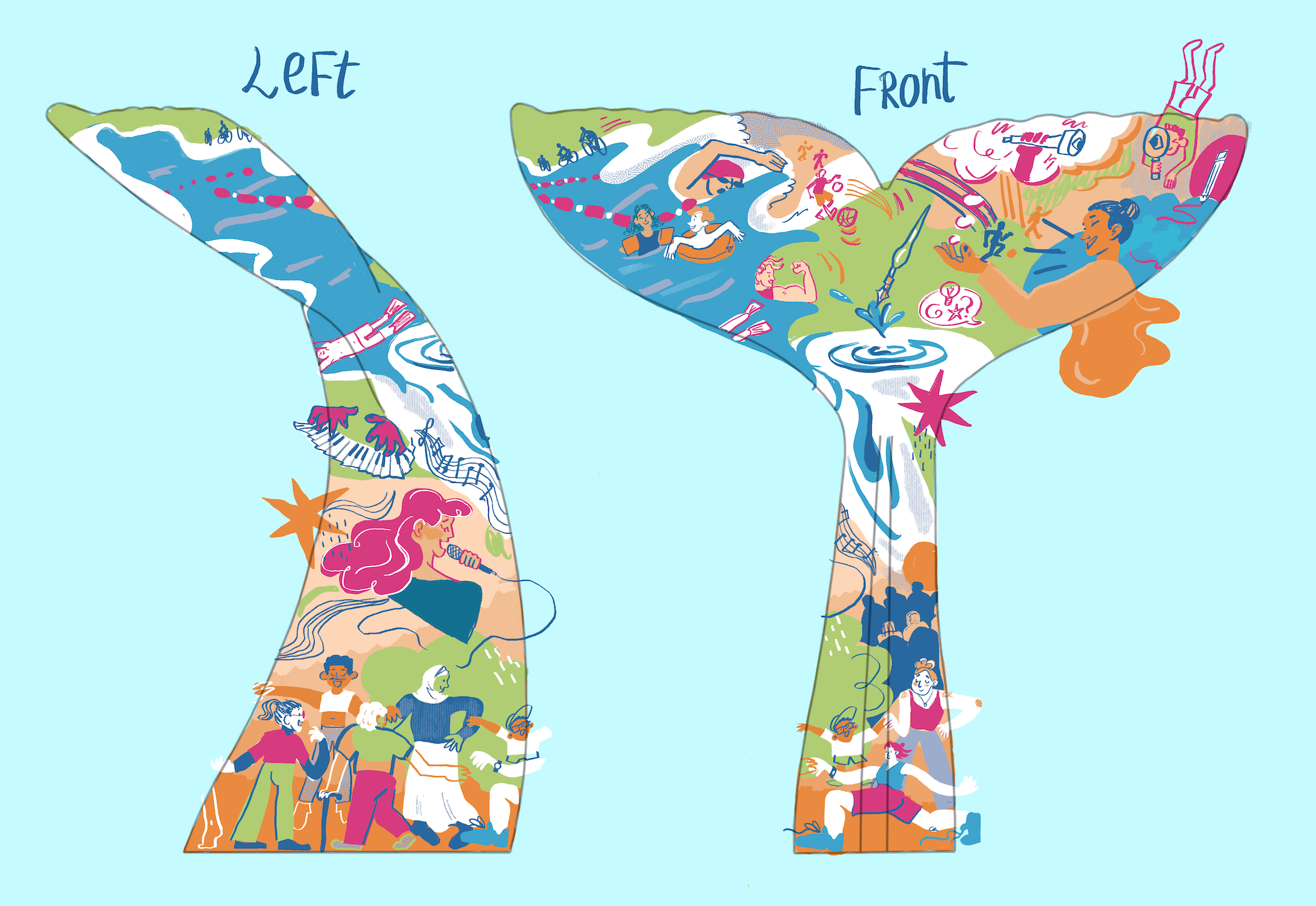 Illustrations of a giant mermaid tail viewed from the side and the front, with colourful designs throughout.