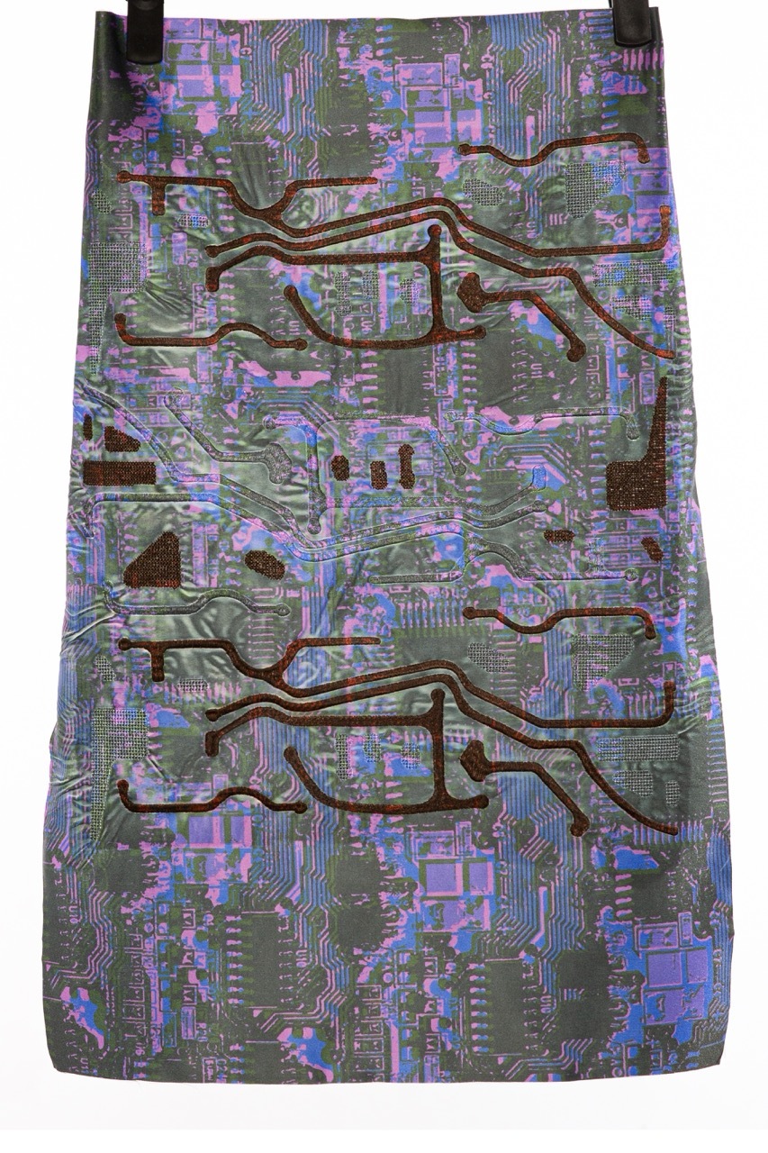 Digital artwork with curved brown lines overlaying purple, blue and green pixelated patterns on vertical rectangular canvas.