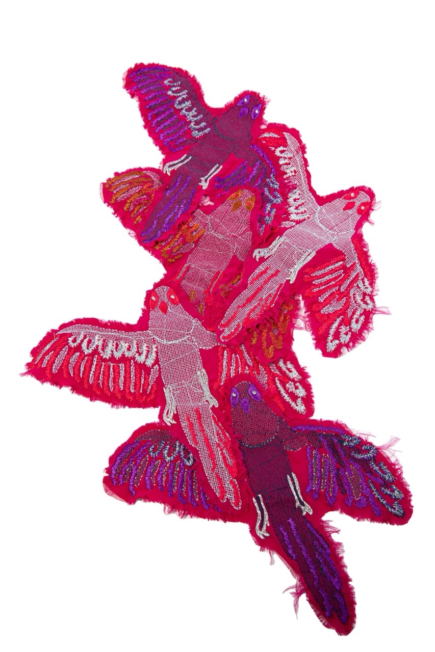 Abstract illustration with layered bird-like shapes in vibrant pink, magenta, and purple tones with white linear details on white background.