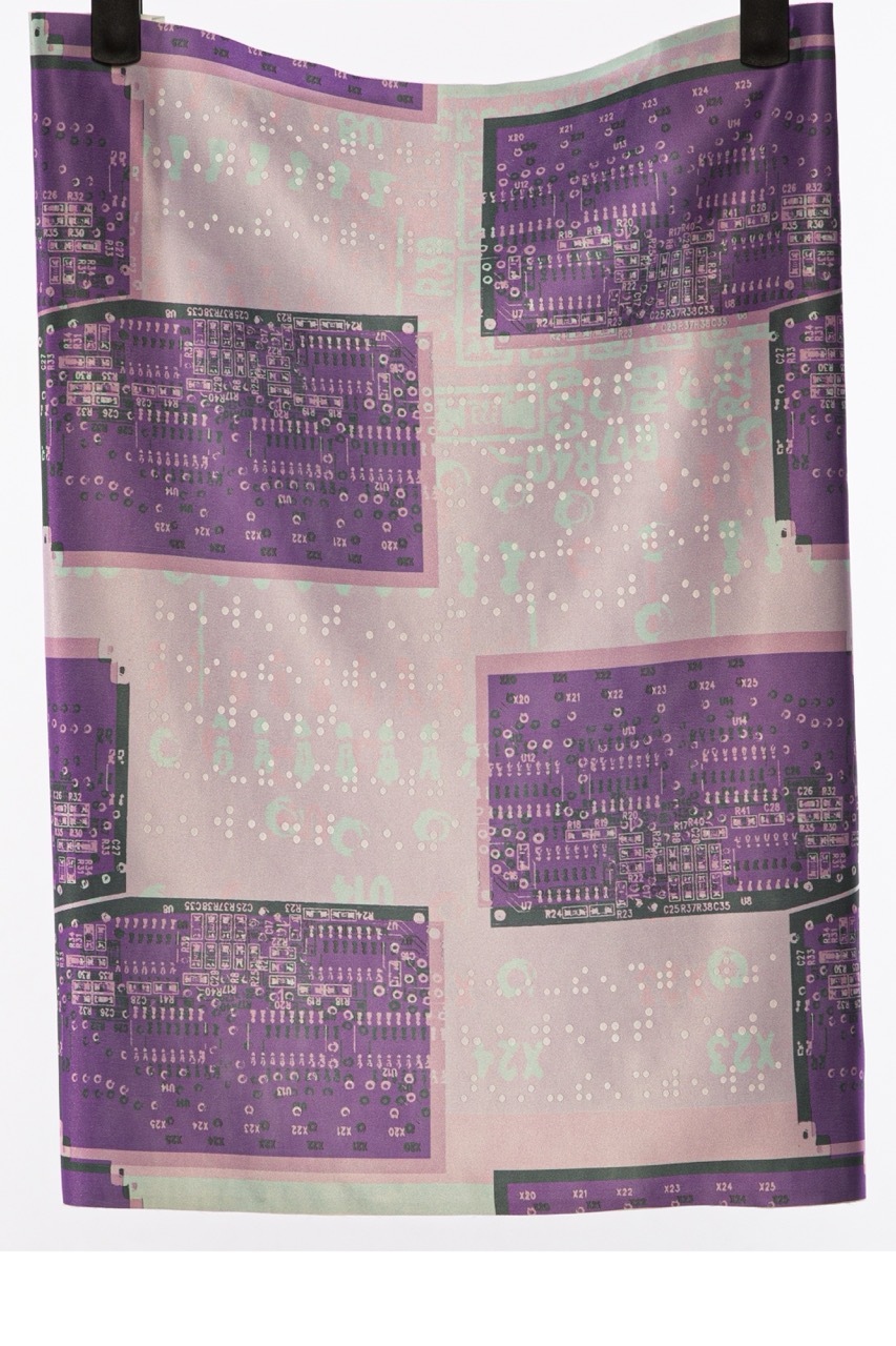Purple circuit board patterns on translucent fabric with white geometric dots scattered throughout on pale background.