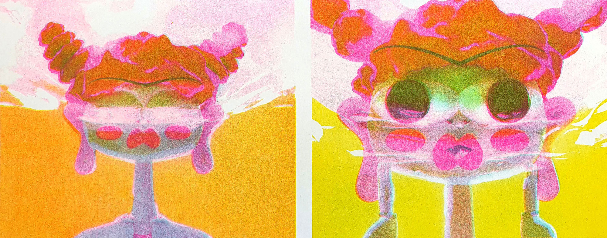 Two paintings of the face of a cartoon woman. Left-hand image shows them with a sad expression. Right-hand image shows them with a shocked expression.