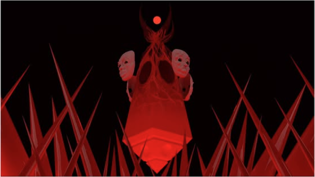 Abstract, 3D artwork on a dark background: red spikes and a floating red diamond with white masks, red moon above.
