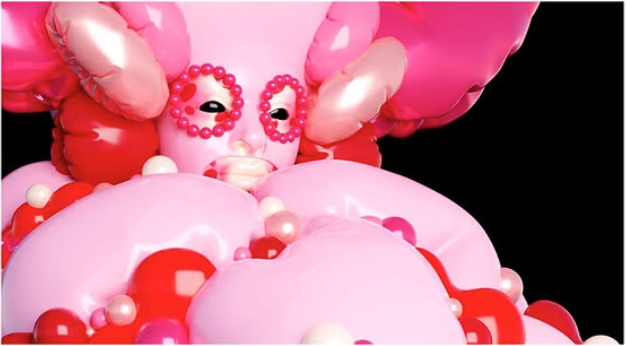 Abstract render of a 3D, balloon-like character in pink, red and rose gold, dark background.