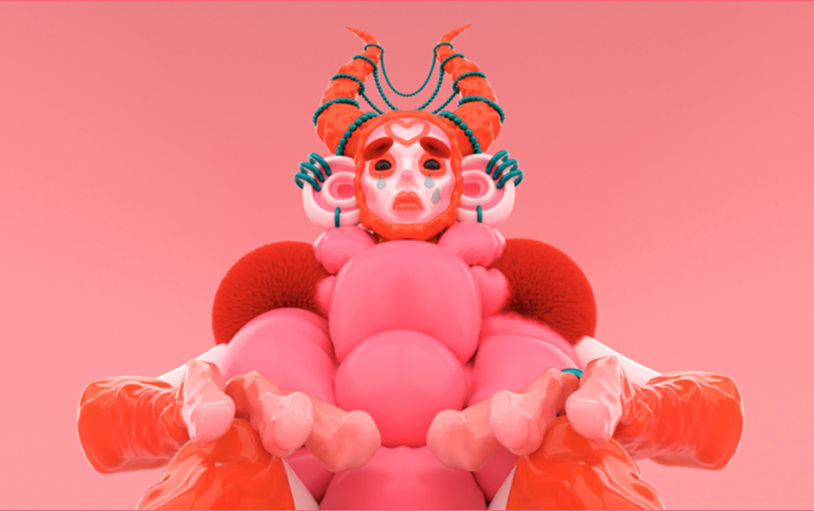 Colourful, abstract 3D character in coral red and pink tones.
