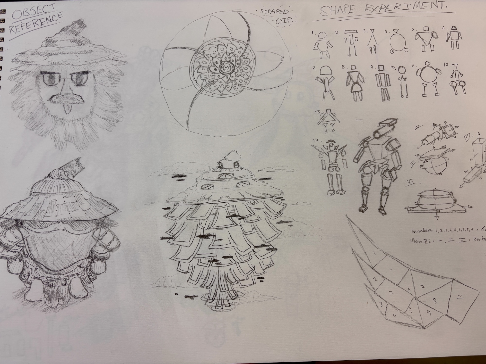 A sheet of pencil sketches shows a stylised character head and several concept drawings of a layered, cone-shaped figure, with small pose studies and geometric studies on the right.