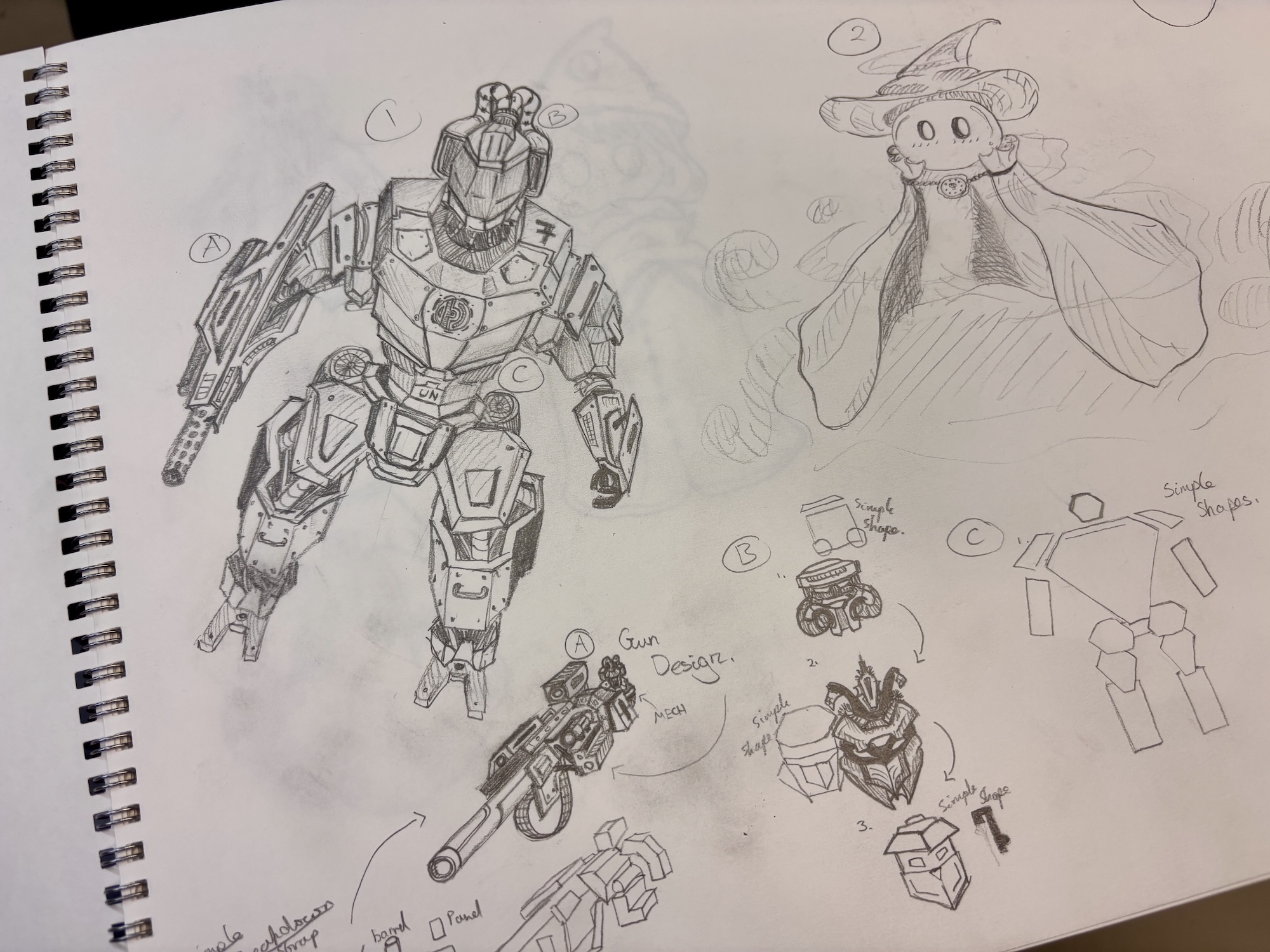 A sketchbook page shows a detailed robot design with labelled parts, alongside a small character sketch and several smaller concept drawings on a spiral-bound sheet.