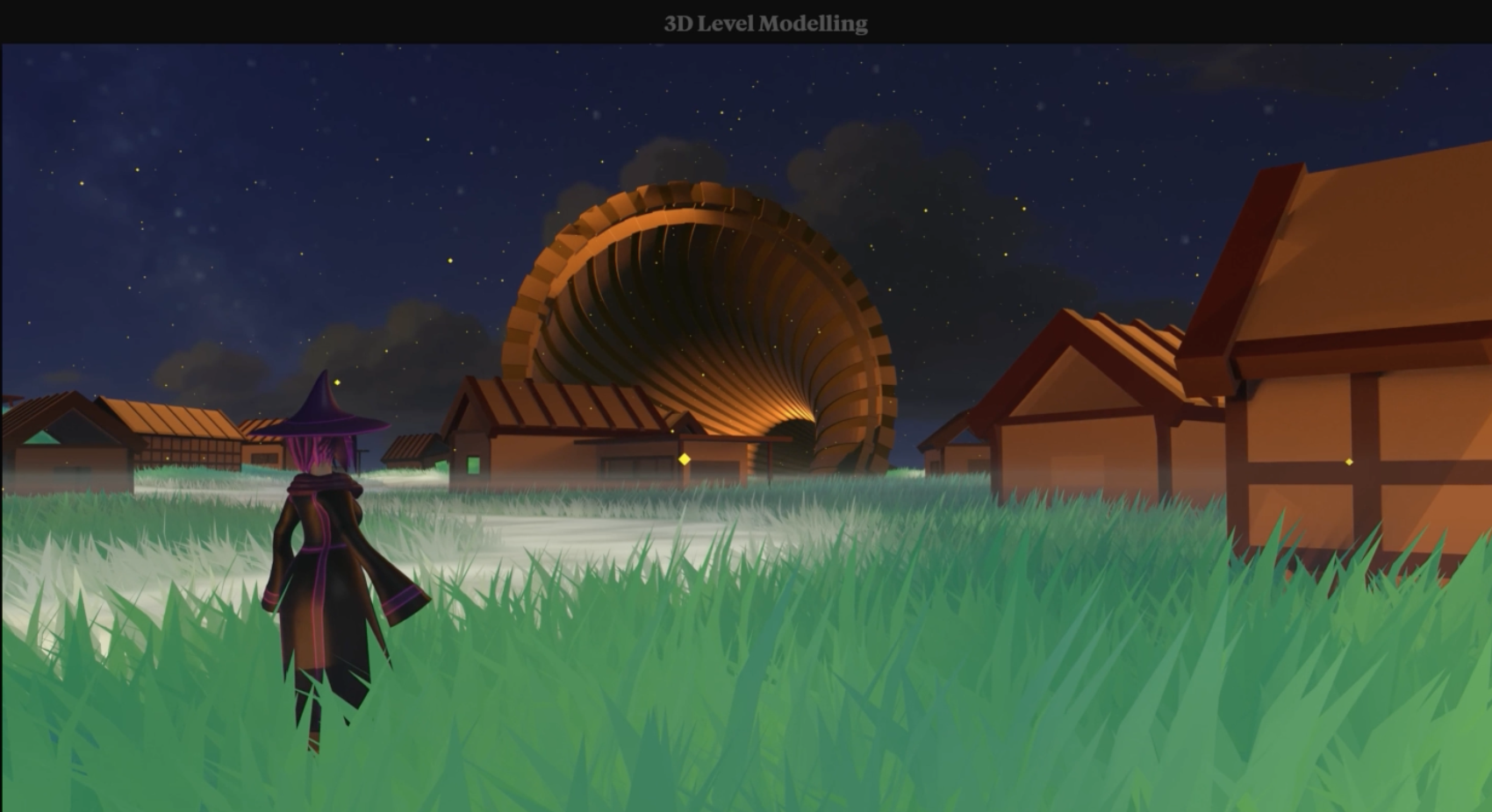 A robed figure with a wide-brimmed hat stands in tall grass, facing a glowing spiral structure among small houses under a starry night sky.
